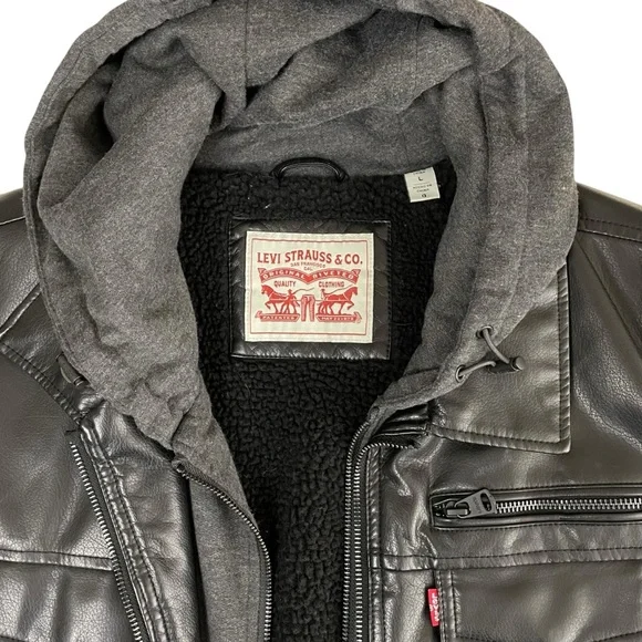 Levi's Men's Faux Leather Fleece Hoodie Trucker Jacket Black Large